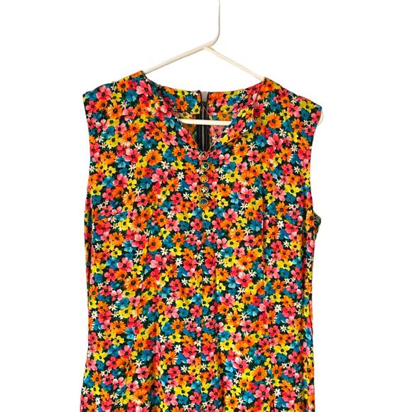 Vintage 60s Electric Yellow Pink Orange Floral Print Retro Dress large Midi - Picture 2 of 7